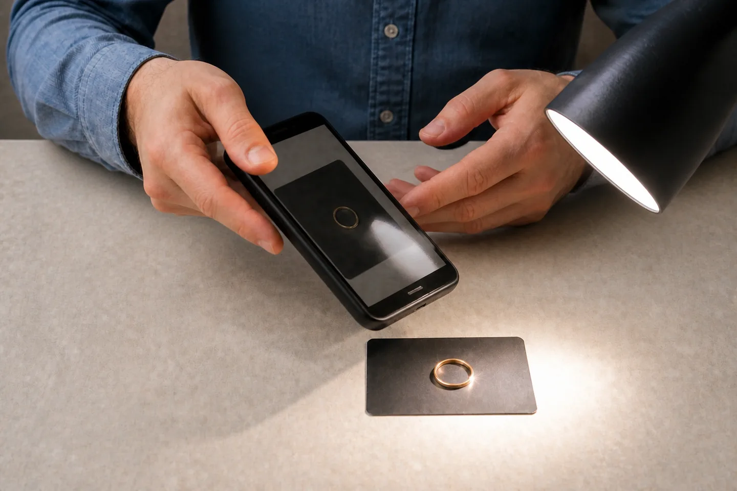 Modo incorreto: celular inclinado e luz direta criando reflexo forte no anel e no cartão.