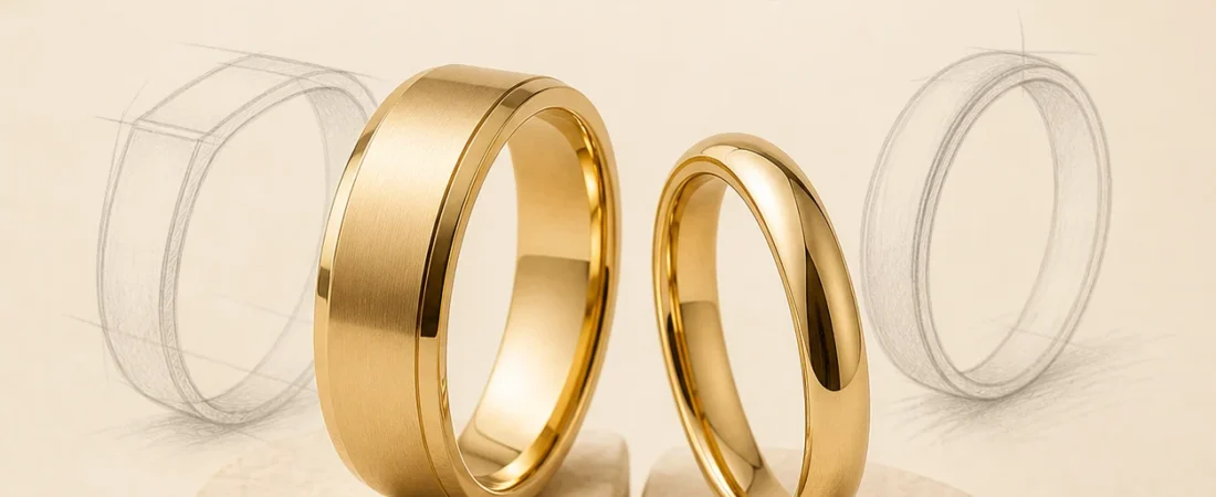 Duas alianças douradas de modelos diferentes com esboços de joalheria ao fundo.