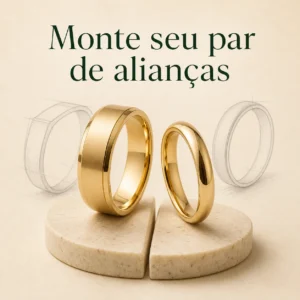 Monte seu par de alianças: duas alianças douradas de modelos diferentes sobre bases claras, com esboços de joalheria ao fundo.