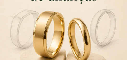 Duas alianças douradas de modelos diferentes com esboços de joalheria ao fundo.